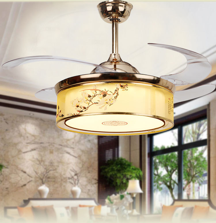 新中式LED遙控隱形風(fēng)扇燈客廳臥室餐廳吸頂?shù)跎葻魞和{(lán)牙電吊扇